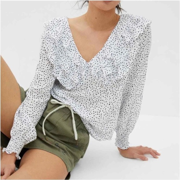 Hutch Tops - Anthropologie Hutch White Blue Open Back Smoke Ruffled Blouse